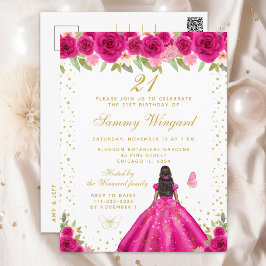 Birthday Party - Hot Pink Floral Dark Skin Princes Postkarte