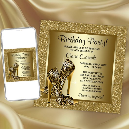 Birthday Party in Black and Gold Leopard Einladung