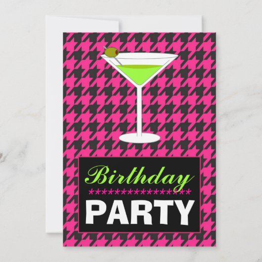 Birthday Party in Black & Hot Pink Hahnentrittmust Einladung (Rückseite)