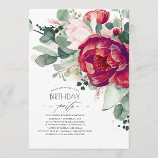Birthday Party in Blush Pink und Burgund Rot Flora Einladung