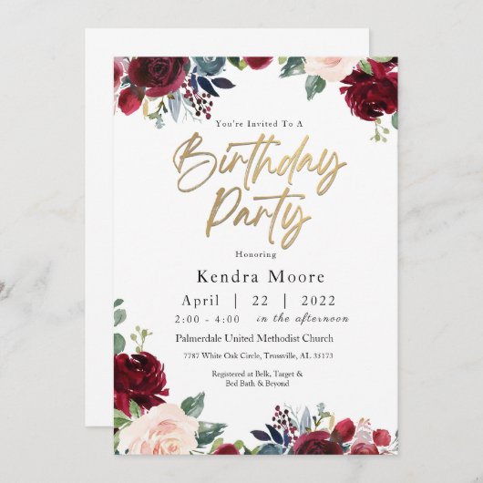 Birthday Party in Burgund Floral Einladung (Vorne/Hinten)