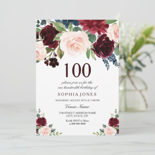 Birthday Party in Burgund Rot Pink Floral 100. Einladung (Stehend Vorderseite)