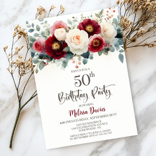 Birthday Party in Burgund und Weiße Flora Einladung