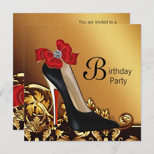 Birthday Party in Gold Red Black High Heel Shoel Einladung (Vorne/Hinten)