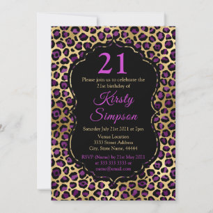 Birthday Party in Gold und Lila Leopard Print Einladung