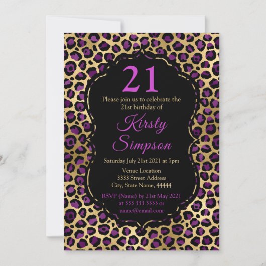Birthday Party in Gold und Lila Leopard Print Einladung (Vorderseite)