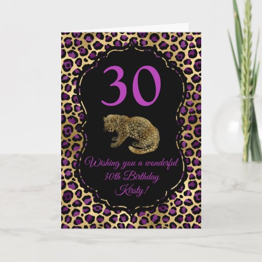 Birthday Party in Gold und Lila Leopard Print Karte (Vorderseite)
