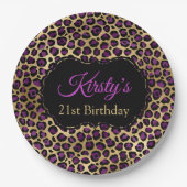 Birthday Party in Gold und Lila Leopard Print Pappteller (Vorderseite)