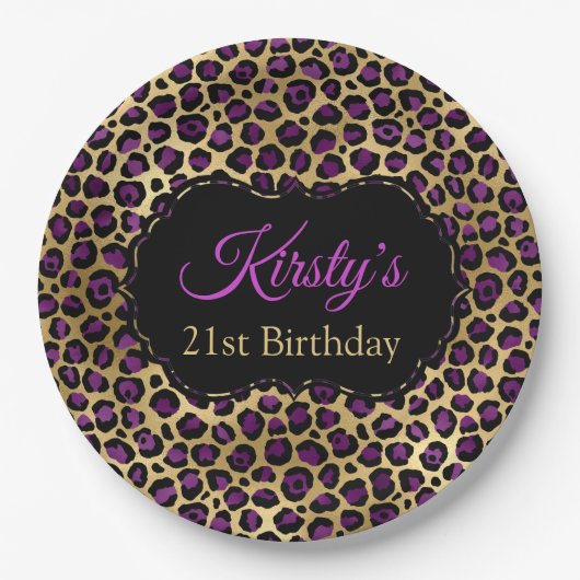 Birthday Party in Gold und Lila Leopard Print Pappteller (Vorderseite)