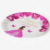 Birthday Party in Hot Pink Dark Skin Princess Pappteller (Schrägansicht)