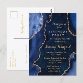 Birthday Party in Navy Blue und Gold Agate Marble Postkarte