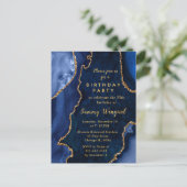 Birthday Party in Navy Blue und Gold Agate Marble Postkarte (Stehend Vorderseite)
