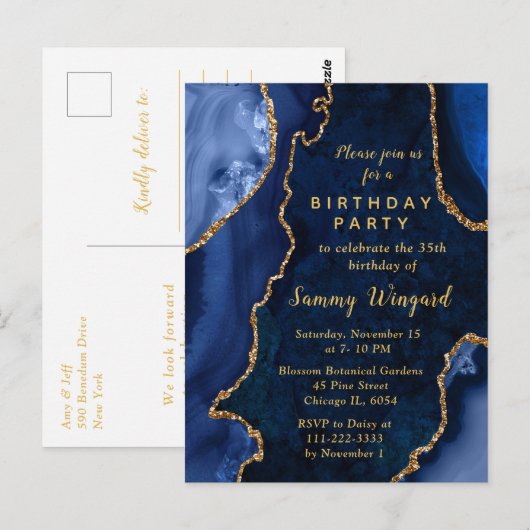 Birthday Party in Navy Blue und Gold Agate Marble Postkarte (Vorne/Hinten)