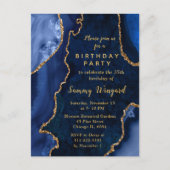 Birthday Party in Navy Blue und Gold Agate Marble Postkarte (Vorderseite)