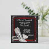 Birthday Party in Schwarz und Rot Glitzer Einladung (Stehend Vorderseite)