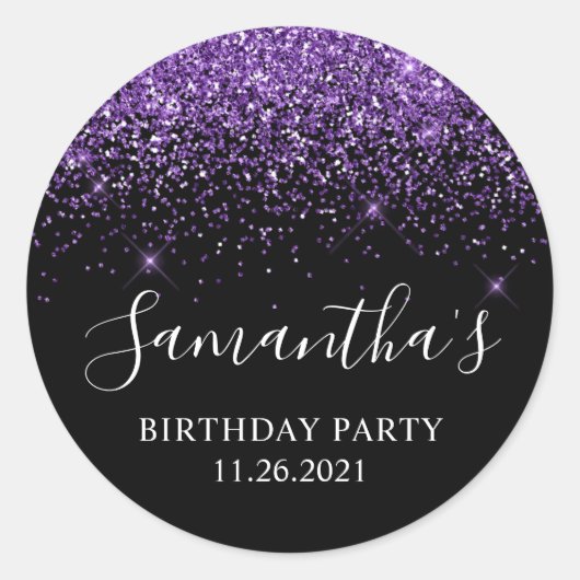 Birthday Party in Schwarz und Royal Lila Glitzer Runder Aufkleber (Vorderseite)