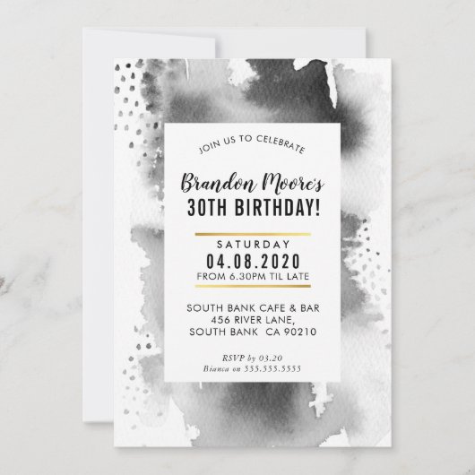 BIRTHDAY PARTY INVITE moderne Aquarellfarbe grau Einladung (Vorderseite)
