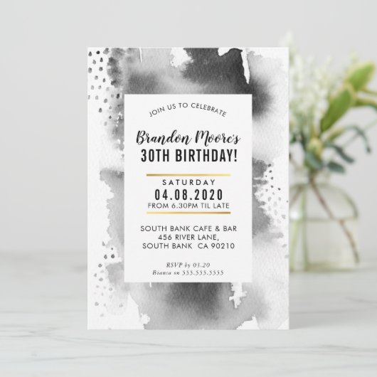 BIRTHDAY PARTY INVITE moderne Aquarellfarbe grau Einladung (Stehend Vorderseite)