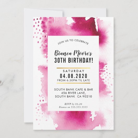 BIRTHDAY PARTY INVITE Modernes Aquarell fett rosa Einladung (Vorderseite)