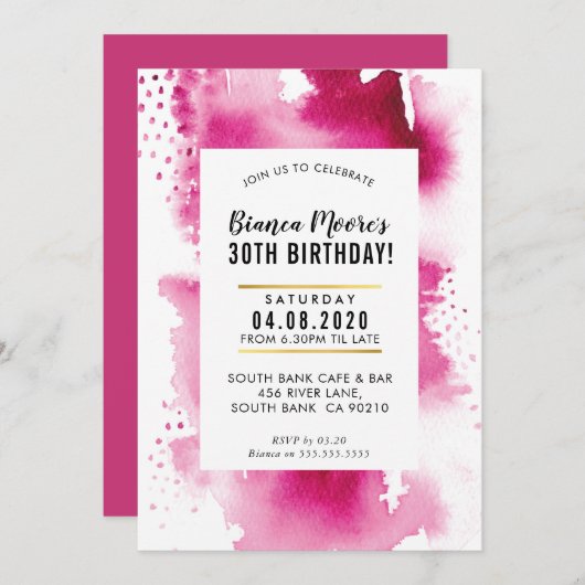 BIRTHDAY PARTY INVITE Modernes Aquarell fett rosa Einladung (Vorne/Hinten)