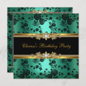 Birthday Party Jade Damask Gold Black Diamond Einladung (Vorne/Hinten)