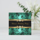 Birthday Party Jade Damask Gold Black Diamond Einladung (Stehend Vorderseite)