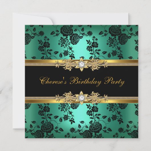Birthday Party Jade Damask Gold Black Diamond Einladung (Vorderseite)