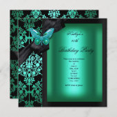 Birthday Party Jade Green Damask Butterfly Einladung (Vorne/Hinten)