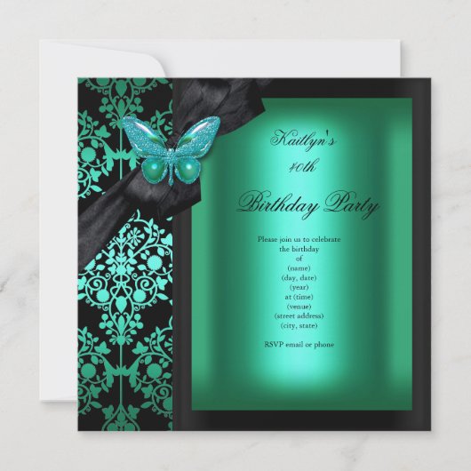 Birthday Party Jade Green Damask Butterfly Einladung (Vorderseite)