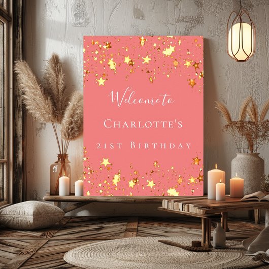 Birthday Party Korallen Gold Sterne willkommen Poster