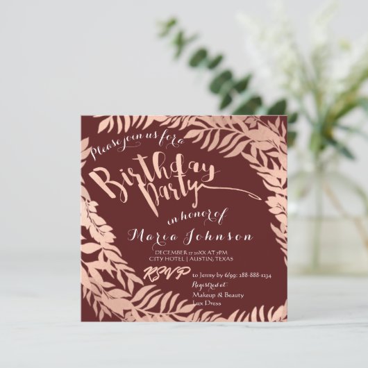 Birthday Party Leafen Wreath Burgundy Rose Gold Einladung (Stehend Vorderseite)