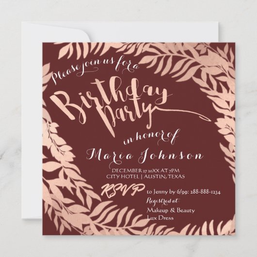 Birthday Party Leafen Wreath Burgundy Rose Gold Einladung (Vorderseite)