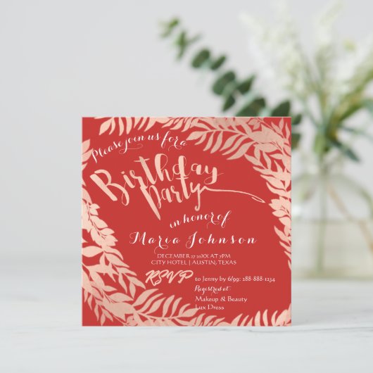 Birthday Party Leafen Wreath Red Pink Rose Gold Einladung (Stehend Vorderseite)