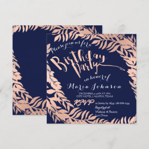 Birthday Party Leafs Wreath Blue Navy Rose Gold Einladung