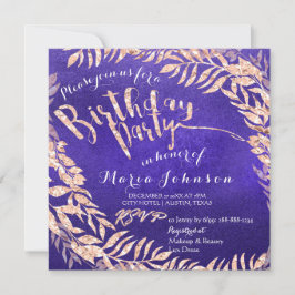 Birthday Party Leafs Wreath Indigo Blue Rose Gold Einladung