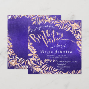 Birthday Party Leafs Wreath Indigo Blue Rose Gold Einladung