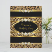 Birthday Party Leopard Gold Black Einladung (Stehend Vorderseite)