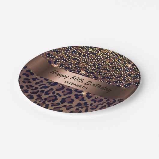 Birthday Party Leopard Muster Bronze Pappteller (Schrägansicht)