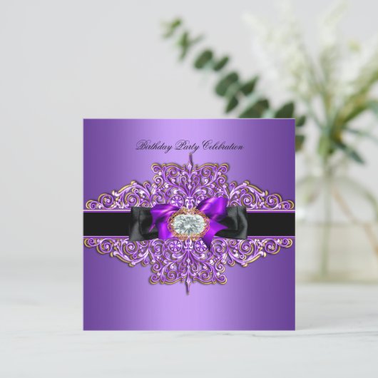 Birthday Party Lila Gold Juwelen Image Einladung (Stehend Vorderseite)