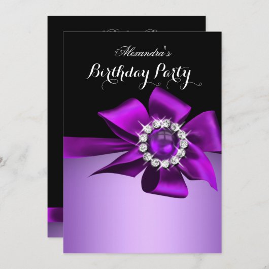 Birthday Party Lila Pearl Diamond Bow Einladung (Vorne/Hinten)