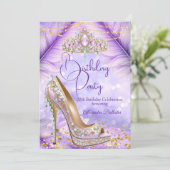 Birthday Party Lilac Teal Tiara Gold Heel Stiletto Einladung (Stehend Vorderseite)