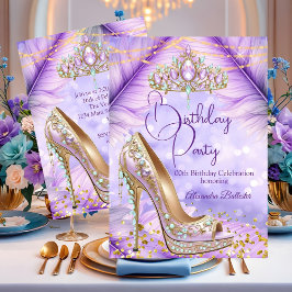 Birthday Party Lilac Teal Tiara Gold Heel Stiletto Einladung