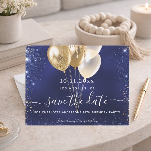 Birthday Party Marine Blue Gold Save the Date Kart