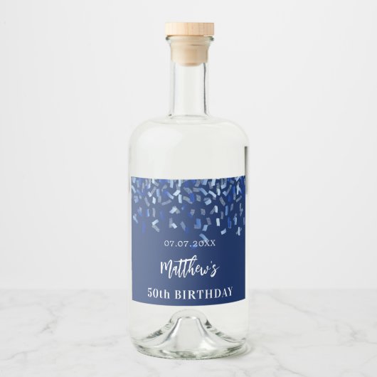 Birthday Party Marine Blue Konfetti Name Alkoholflaschenetikett (Vorderseite)