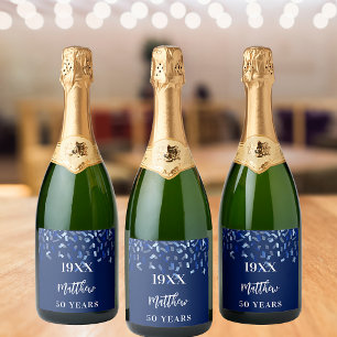 Birthday Party Marine Blue Konfetti Namen Jahre Schaumweinetikett