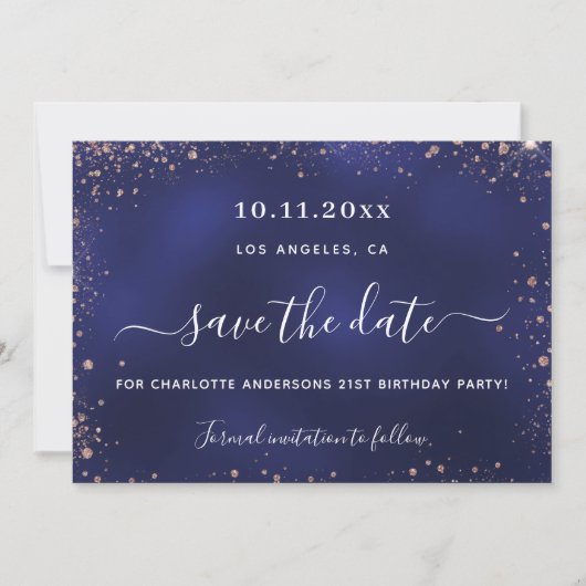 Birthday Party Marine Blue Rose Gold Glitzer Save The Date (Vorderseite)