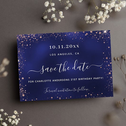 Birthday Party Marine Blue Rose Gold Glitzer Save The Date