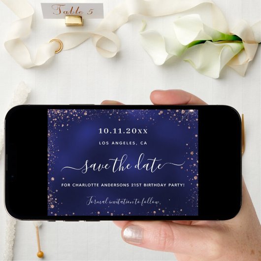 Birthday Party Marine Blue Rose Gold Glitzer Save The Date