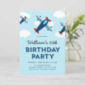 Birthday Party mit blauem und rotem Flugzeug Einladung (Stehend Vorderseite)