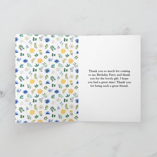 Birthday Party mit Blauer und Gelber Blüte Dankeskarte (Innenseite)